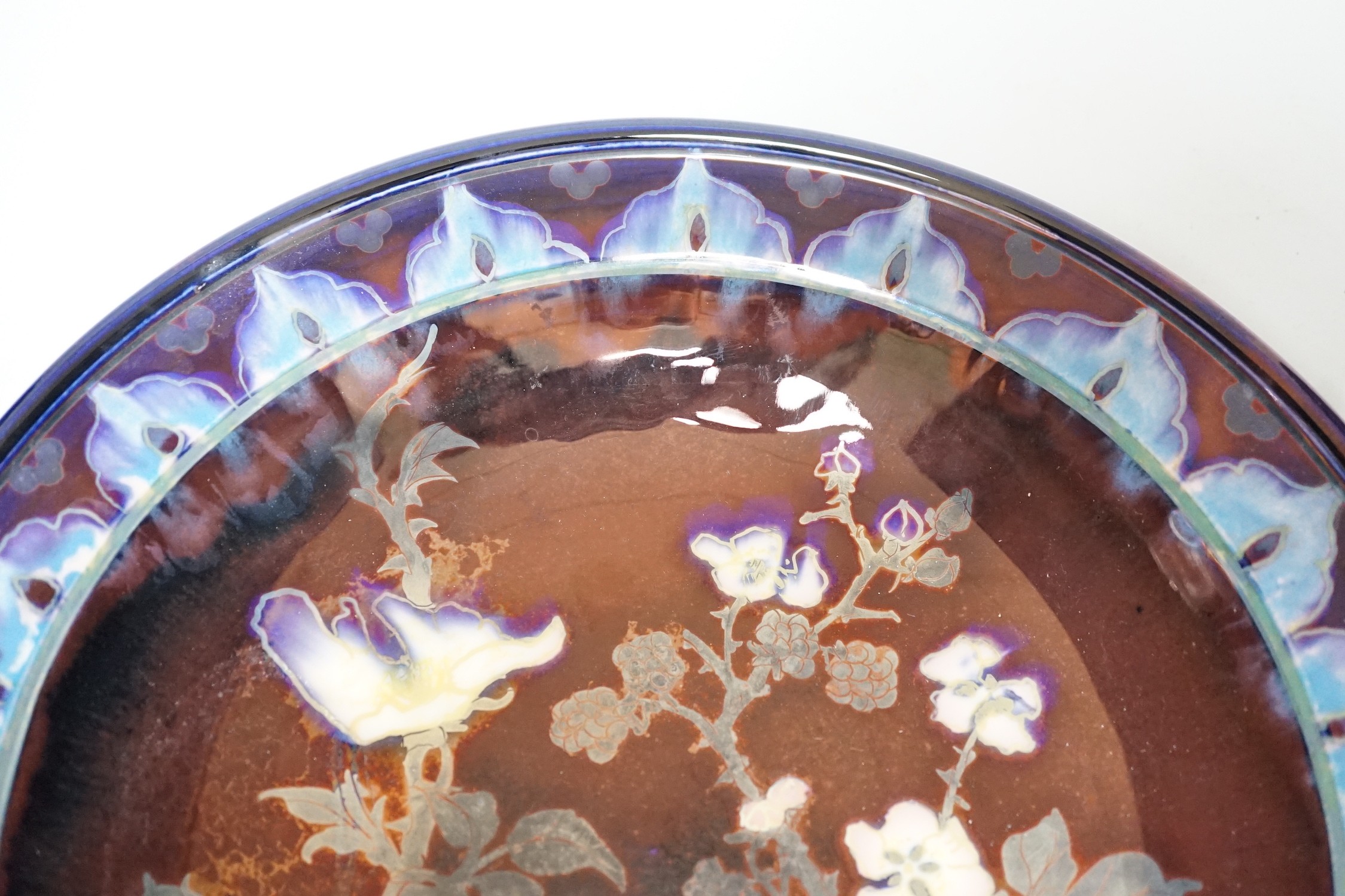 Jonathan Chiswell Jones and Kerry Bosworth - a lustre wall-plate with dog rose, No. 8401, 30cm.